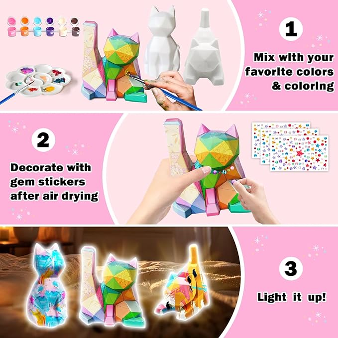 FUNZBO 3pcs Paint Your Own Cat Lamp Kit - Arts and Crafts Supplies Kitten Painting Kits for Kids Teens Adults, DIY Night Light Toy for Toddlers Girl Boy Ages 3 4 5 6 7 8 9 10 11 12 13 + Birthday Gifts