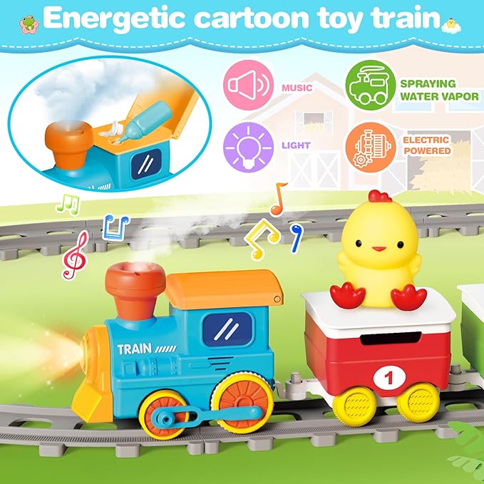 Learning Toy for Toddlers 1-3, Electric Toys Trains with Lights, Music & Steam, Counting, Matching & Sorting Montessori Toy with 6 Animal Finger Puppets, Birthday Xmas Gifts for Baby Boys Girls 12-18M