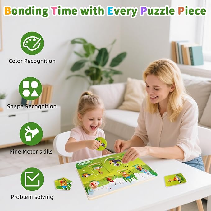 Wooden Sound Puzzle for Toddlers 1-5 Years– 6 Farm Animals & Songs Learning Toy, Educational Interactive Music Pegged Puzzles for Fine Motor Skills