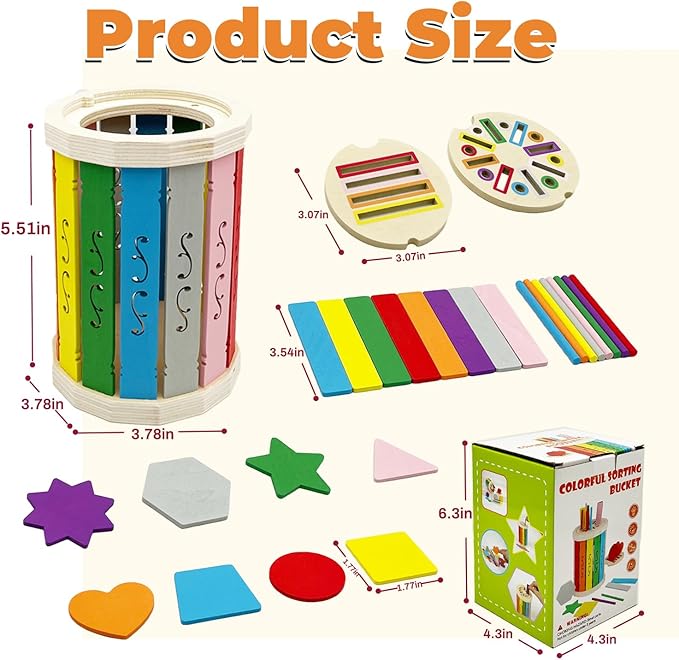 Wooden Montessori Baby Toddler Toys: Learning Fine Motor Skills Sensory Toys for Toddlers 3-5, Educational Color Sorting Preschool Learning Activities Boys Girls Gifts (Rainbow Bucket)