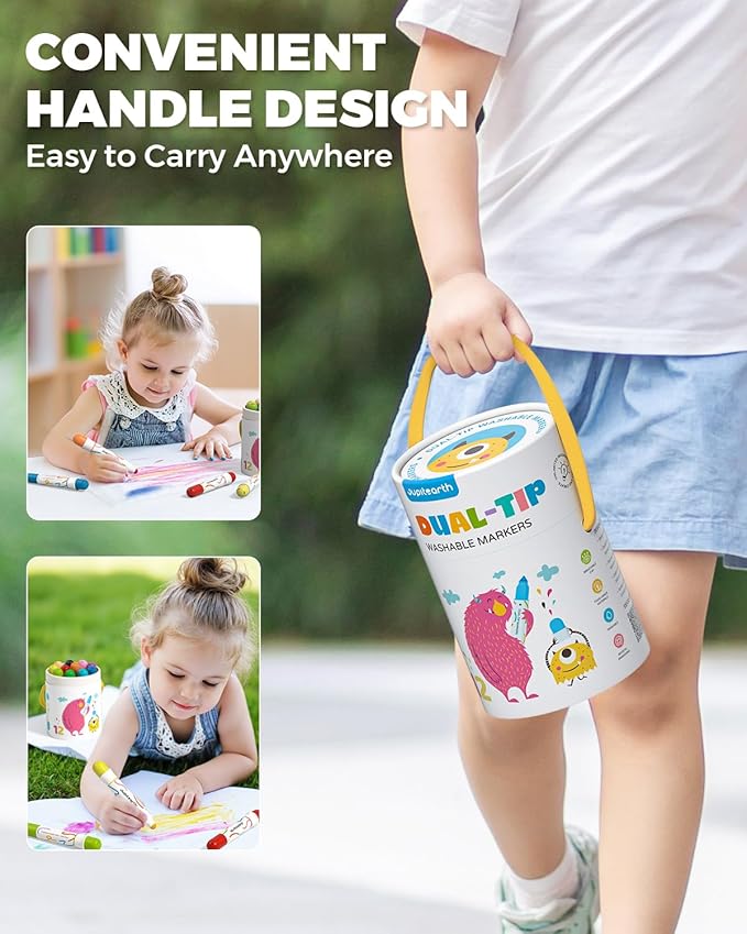 Washable Dual Tip Markers for Kids, Broad & Round Tip, Easy-Grip Design for Little Hands, 12 Vibrant Colors Toddler Markers with Portable Case, Preschool Art Supplies for Kids Toddlers