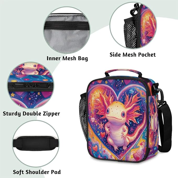Insulated Lunch Box for Girls Kids Axolotl Lunch Bags Reusable Portable Lunchbox with Adjustable Shoulder Strap and Water Bottle Holder for Work School Travel