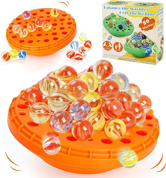 Marble Balance Game - 50 Colorful Marbles with Built-in Storage, Fun Family Challenge for 1-4 Players, Educational Toy for Kids & Adults, Perfect for Parties, Travel & Birthday Gifts (Pumpkin Orange)