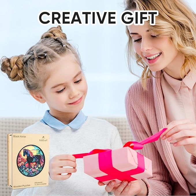 Ruikiyart Wooden Puzzles for Adults, 5MM 200 Pieces Black Horse Wooden Jigsaw Puzzles, Animal Unique Shaped Puzzle Gifts for Adults and Kids on Thanksgiving, Family Puzzle Games(11.2"*11.2")