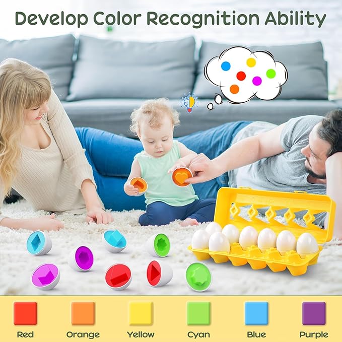 CPSYUB Matching Eggs Toys Color & Shape Recognition Sorter Puzzle, Montessori Toys for Baby Easter Travel Bingo Game, Sensory Early Learning Fine Motor Skills for Year Old Kids