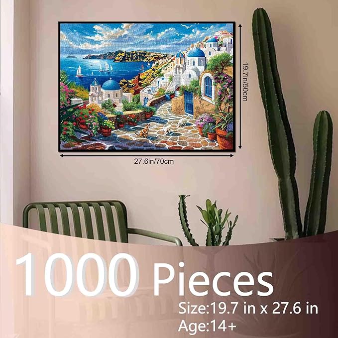 Jigsaw Puzzles 1000 Pieces for Adults-Greek Islands Hardboard Puzzle-Challenging Puzzle Perfect for Game Nights-DIY Home Wall Decor-Art Puzzles-Santorini White Buildings Sun Rays Art 27" x 20"