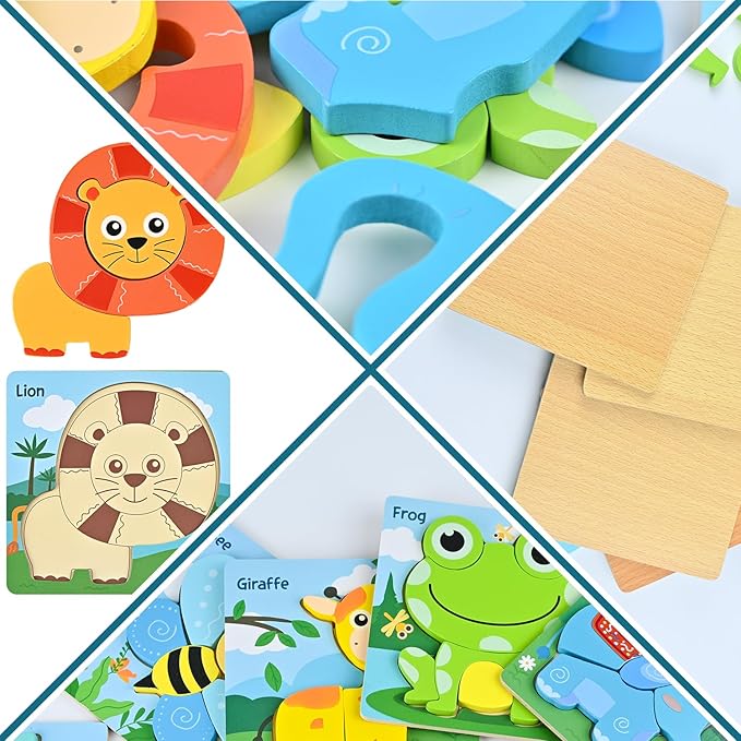D-KINGCHY Wooden Puzzles for 3 4 5 Years Old Boys Girls, 6 Pcs Animal Jigsaw Puzzles for 3+ Years Old, Educational Preschool Learning Toys for Toddlers