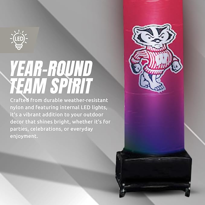 NCAA Wisconsin Football Wacky Waving Inflatable Tube Guy with LED Lights & Built-in Blower - 6" x 36" x 96" Inflatable Tube Man Crazy Sports Fan Outdoor Party Decoration