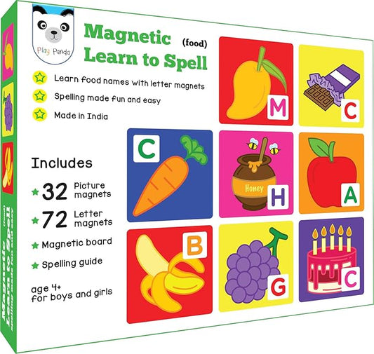 Magnetic Educational Toys for Kids Aged 3 4 5 6 – Learn to Spell Foods| 104 Magnet Pieces – 32 Picture & 72 Letter with Magnetic Board & Spelling Game Guide | Preschool Learning Toy for Girls & Boys