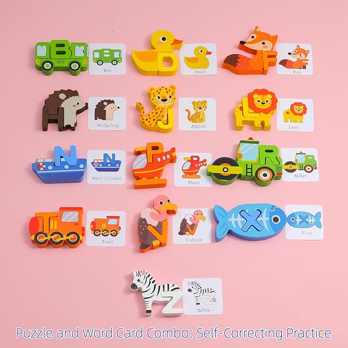 Animal Alphabet Wooden Puzzle - Montessori ABC Learning Toy for Toddlers Ages 3-5, Educational Stacking Blocks with Uppercase Letters - Preschool Learning Activities Toys