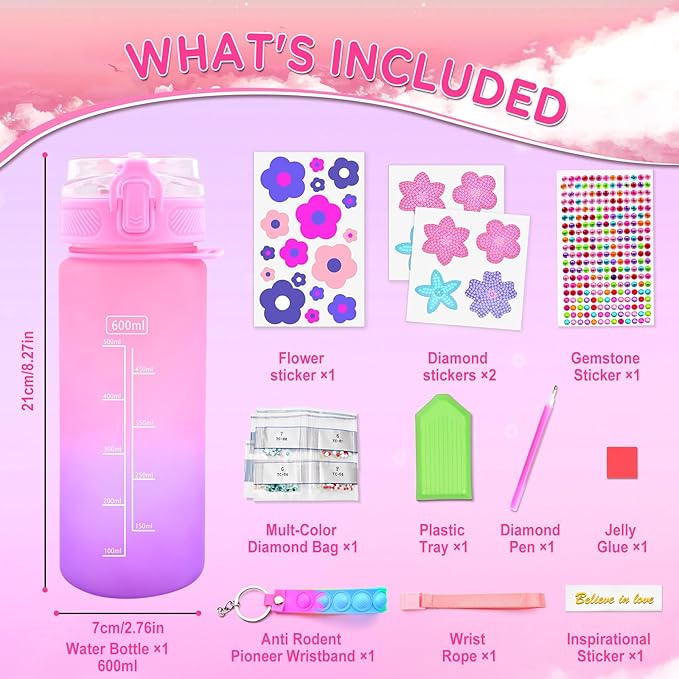 ASIOWELY Decorate Your Own Water Bottle Kits for Girls Age 4-12, Flower Diamond Painting Art and Crafts Gift for Boys Age 4-6-8-10, Fun Gifts Toys for School Birthday Christmas
