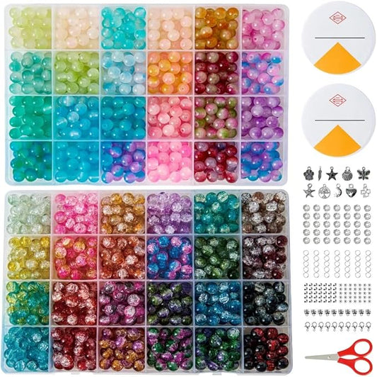 1300 Pcs Glass Beads for Jewelry Making – 8mm Beads in 48 Colors, 2 Box Set of Bulk Glass Beads for Bracelets, Crafts & DIY Gifts