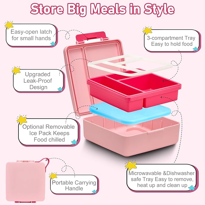 Bento Lunch Box for Kids with 17oz Soup Thermo,Insulated Tumbler Water Bottle and Insulated Lunch Bag,Leak-Proof 3 Compartment Lunch Food Container with with Ice Pack for Kids to School-Pink