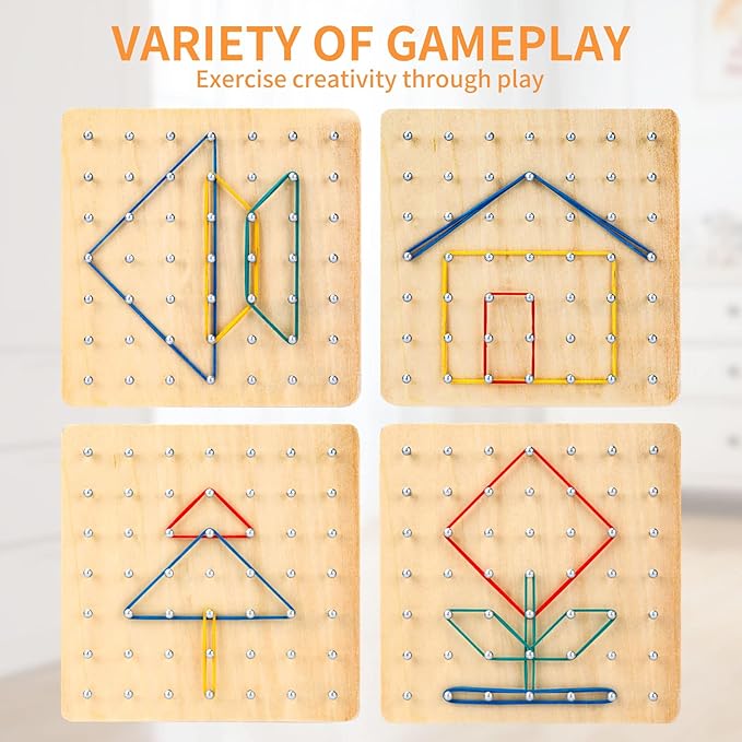 HEELWIRE Wooden Geoboard,Montessori Toy,Graphical Mathematical Education Toy for Kids with Pattern Cards and Rubber Bands to Figures and Shapes, Brain Teaser STEM Toy Geo Board (6 * 6 * 0.6 in)