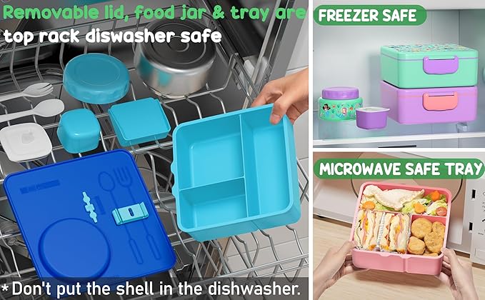 Fimibuke Bento Lunch Box for Kids Adult, 3-4 Compartment 60OZ Toddler Lunch Box Container with Leakproof 8OZ Insulated Food Jar, Sauce Jar, Utensil for School Boys Girls, BPA-Free Dishwasher Safe