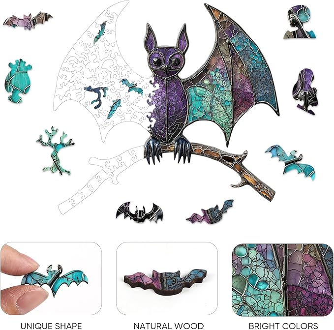 Wooden Puzzles for Adult -Bat Shaped Puzzls,300 Pieces,Unique Design Irregularly Shaped Wooden Jigsaw Puzzles for Adults and Kids,Family Game Puzzle Gifts, Halloween Jigsaw Puzzle,13.2 * 12.5Inch