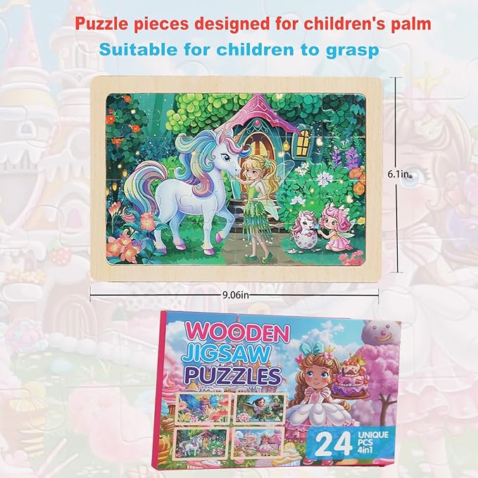 4 Sets of Wooden Puzzles, Each Set has 24 Pieces, Including Castle Unicorn Princess, for Toddlers 3-5, Puzzles for Kids Ages 4-6, Preschool Educational Brain Teaser Toys for Girls 3 4 5 6 Years Old.