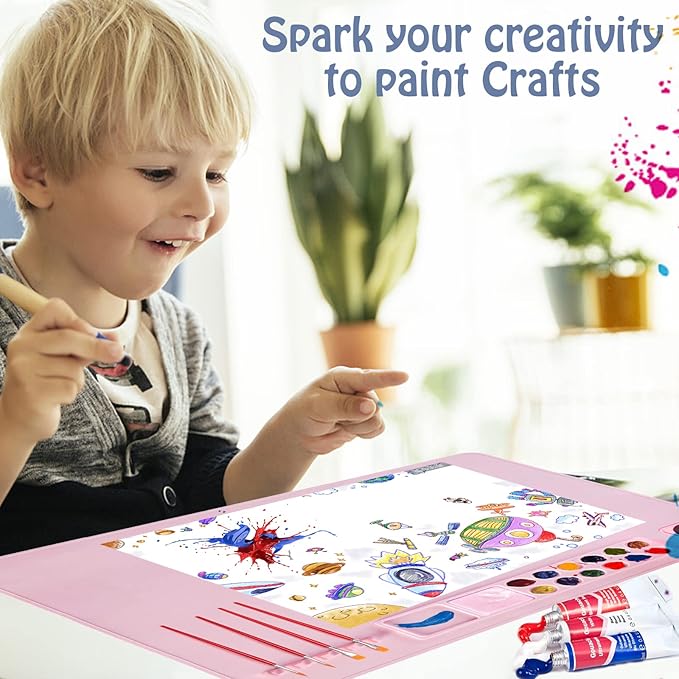 Silicone Painting Mat,Painting Stations Kit [1x Apron,1 Pair Oversleeve,20 Pieces Brushes] Craft Silicone Mats 21"X17" with Detachable Cup for Kids Gift,Paint, Clay, DIY Projects