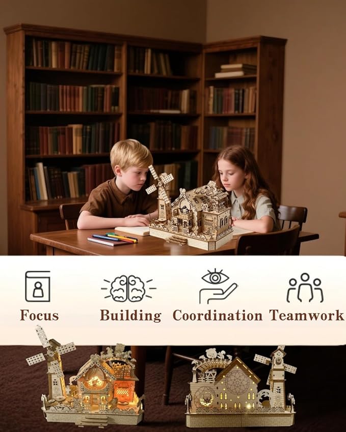 3D Wooden Puzzle Cottage with Rotating Windmill – DIY Mechanical Model Kit with Animal Miniatures, Creative Gift & Home Decor for Adults & Teens