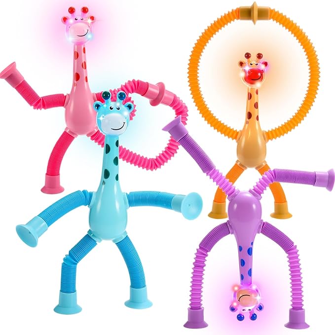 Sensory Fidget Toys for Kids : 4 Pack LED Giraffe Telescopic Pop Tubes 3 4 5 6 7 8 Year Old Girls Boys Halloween Birthday Gifts Toy for Kid Ages 3-5 Autism Toddler Travel Toy Party Favors
