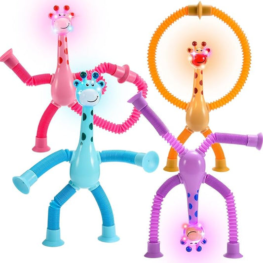 Sensory Fidget Toys for Kids : 4 Pack LED Giraffe Telescopic Pop Tubes 3 4 5 6 7 8 Year Old Girls Boys Halloween Birthday Gifts Toy for Kid Ages 3-5 Autism Toddler Travel Toy Party Favors