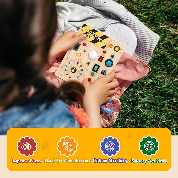 Montessori Toys Clock Wooden Busy Board with 11 LED Light switches, Tooddler Sensory Travel Toys for 1+ Year Old Baby and Toddler