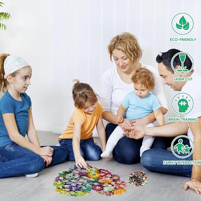 Ruikiyart Wooden Puzzles for Adults, 5MM 200 Pieces Succulent Heart Wooden Jigsaw Puzzles, Plant Unique Shaped Puzzle Gifts for Adults and Kids on Thanksgiving, Family Puzzle Games(12.3"*11")