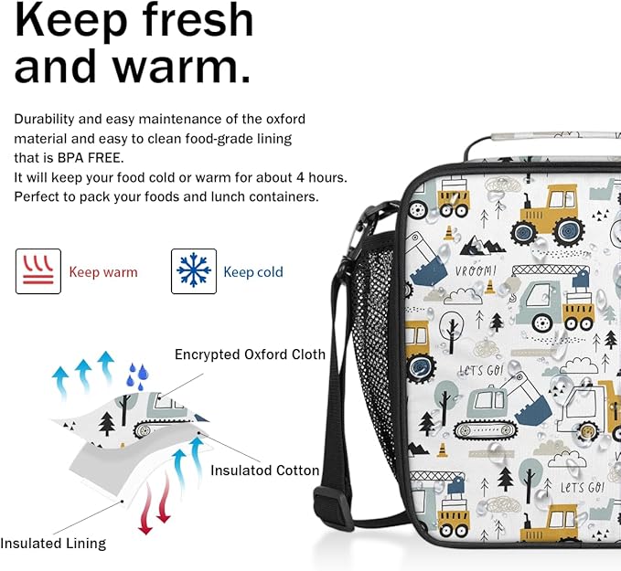 Excavator Car Large Lunch Box,Insulated Lunch Bags with Adjustable Shoulder Strap,School Thermal Lunchbox Cooler Tote Handbag,Waterproof Portable Tote Lunch Bag for School Picnic Work Office