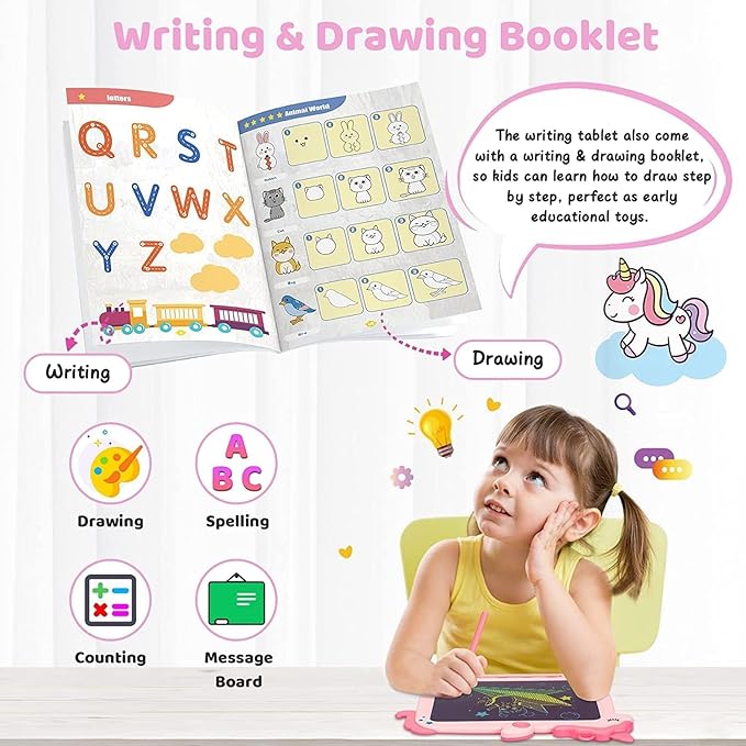 Kikapabi LCD Writing Tablet for Kids, Unicorn Colorful Screen Doodle Board, Electronic Drawing Pad, Educational Toy, Toddlers Travel Toy, Christmas Birthday Gift for 3 4 5 6 7 Year Old Girls Pink