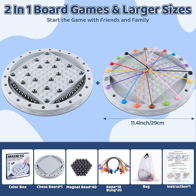 2 in 1 Board Games, Magnetic Chess & Rope Untangling Puzzle Game, Travel, Family Games for Kids and Adults, 40 Pcs Stones, Brainy Knots, Multi-Challenges for Age 8+, Educational Strategy, 2-4 Players