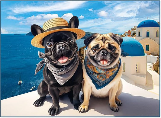 500 Piece Jigsaw Puzzles for Adults and Teens and Kids Family Time Toys Dogs in Santorini Island (Vacation)
