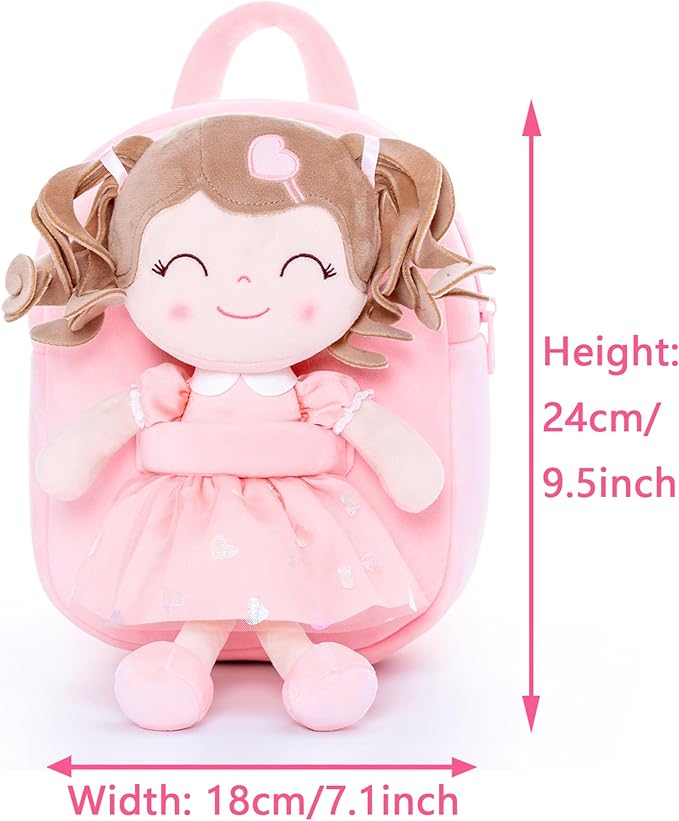 Gloveleya Toddler Backpack Baby Girl Gifts Plush Bag Diaper Bag with Spring Girls Doll Curly Hair Girl Toys with Love Pink 9 Inches