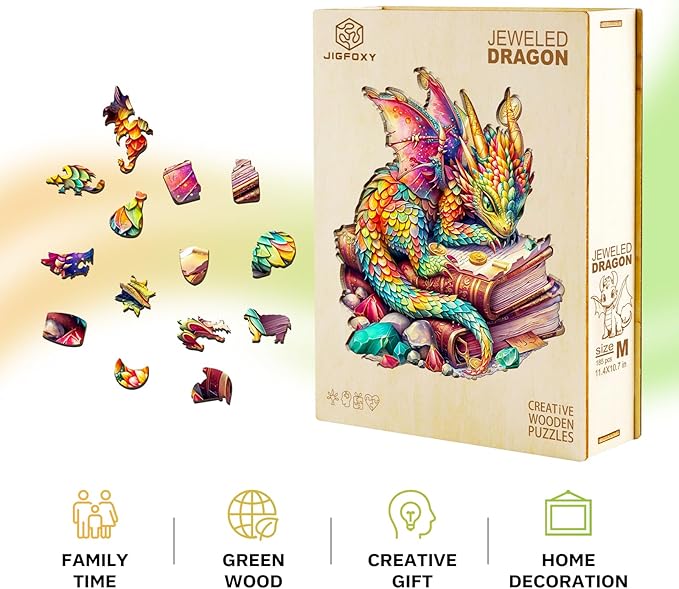 Jigfoxy Wooden Puzzles for Adults, Jeweled Dragon Wood Puzzles Adult, Unique Animal Shape Wooden Jigsaw Puzzles for Adults, Birthday Gifts for Puzzle Lovers, Family (L-13.4 * 12.6in-240pcs)