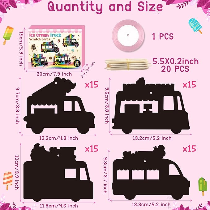 CY2SIDE Ice-Cream Truck Scratch Cards - 60PCS Summer Ice Cream Cart Scratch Craft Paper Ornament Gift Set for Kid, Dessert Truck Magic Rainbow Color Craft Kit for Kid Birthday Party School Activity