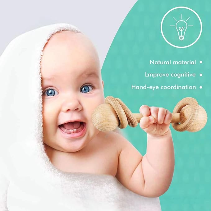 Wooden Baby Rattle, Newborn Wooden Rattle Toy, Natural Wooden Montessori Baby Grip 3 Ring Toy, Baby Gift Toy, Wood Rattle-1