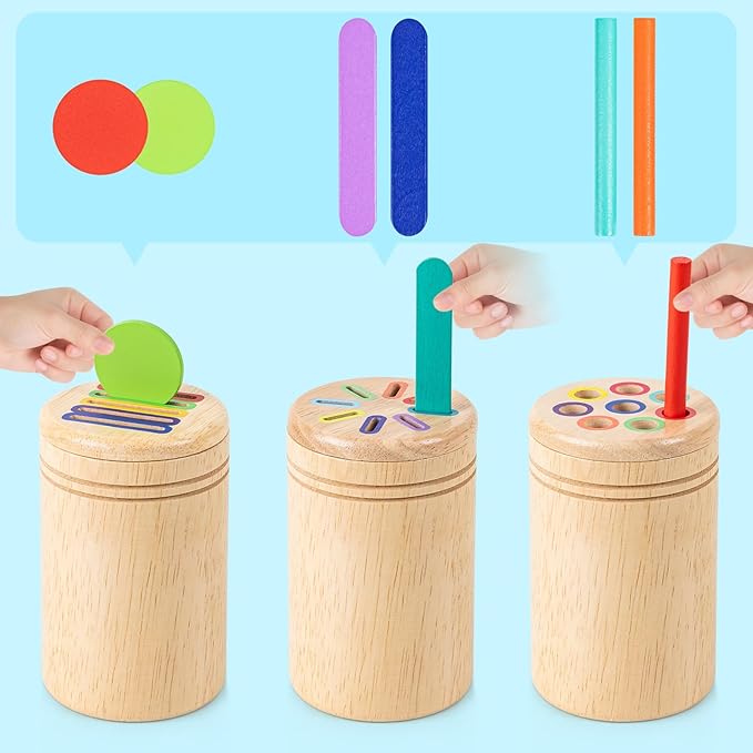 Montessori Toys for 3 4 5 Year Old, 3 in 1 Wooden Color Sorting Toys, Preschool Learning Activities Fine Motor Skills Sensory Toys for Toddlers
