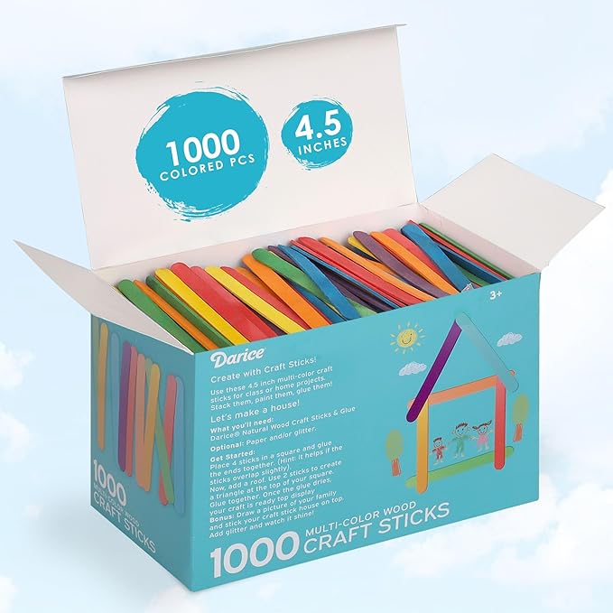 Darice 1000 Pcs Colored Popsicle Sticks for Crafts, 4.5" Colorful Wooden Rainbow Craft Sticks Supplies, STEM DIY Art, Ages 3+