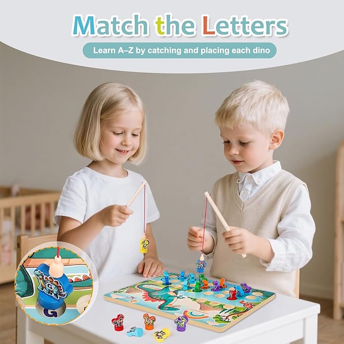 Wooden Dinosaur Magnetic Fishing Game for Toddlers Ages 3-5 with 2 Pods, ABC Alphabet Learning Toy with Spelling Cards, Preschool Educational Montessori Toys, Gift for Boy Girl