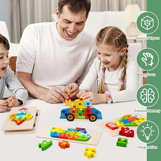 6 Pack Wooden Vehicle Toddler Puzzles for Kids Ages 3 4 5 6, Baby Montessori Toys for Kids Age 3 Years+, Transport Vehicles Learning Jigsaw Toys for Boy Girl Ideal Gift
