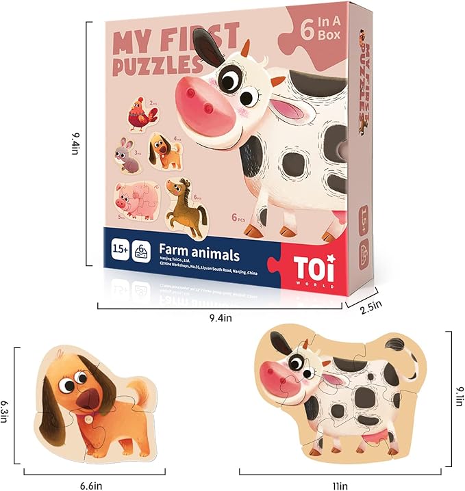 Toi 6 Packs Large Piece Toddler Jigsaw Puzzles for Kids Aged 2.5+, Animal Shaped Floor Puzzles for Beginner, Preschool Learning Game for Boys Girls, Farm Animals