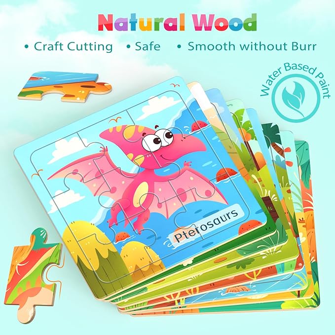 Wooden Puzzles for Toddlers, 8 Pack Dinosaur Jigsaw Puzzles for Kids3-5, 9 Pieces Preschool Learning Activities, Learning & Educational Puzzles, Gift for Boys, Girls