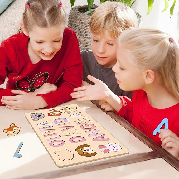 Personalized Name Puzzle for Kids, Customized Baby Gifts First Birthday for Girls & Boys Name Puzzles for Toddlers 1-3 Early Learning Toys Wooden Animal Puzzle Eeducational Toy Alphabet Puzzle
