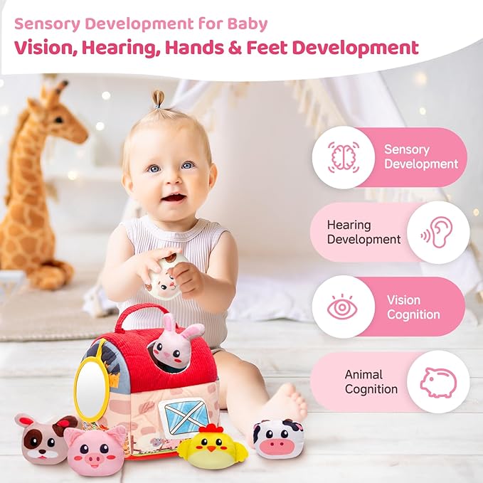 Baby Toys 6-12 Months, Montessori Sensory Newborn Toys, Stuffed Farm Animals with Rattle, Mirror, Crinkle Paper, Gift for 6-12 12-18 Months 1-3 Year Old Toddlers Boys Girls