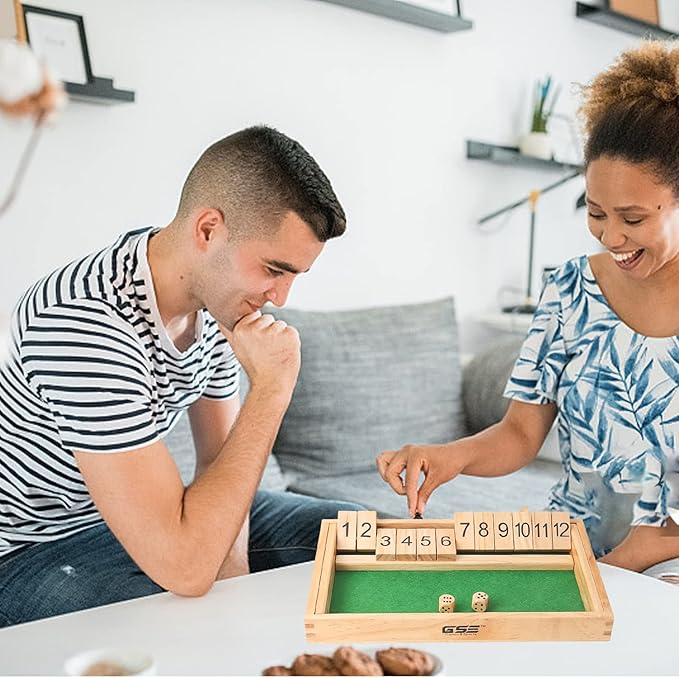 GSE Games & Sports Expert Wooden Shut The Box 12 Numbers Dice Game Board with 2 Wooden Dice, Classic Tabletop Version of The Popular English Pub Game
