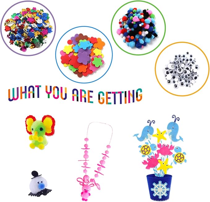 DOITEM Pipe Cleaners Craft Supplies, 1000+Pcs Arts and Crafts Supplies Including Pipe Cleaner Wiggle Googly Eyes Pom Poms Feathers Sticks Sequins Foam Flowers Papers Heart Stickers for Kids Adults