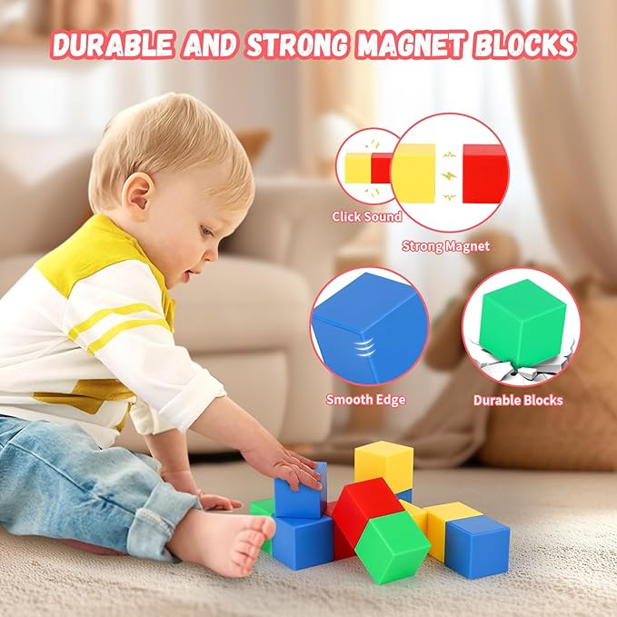 VGY 64 PCS Magnetic Blocks for Kids, Learning Magnet Cubes Building Toys for Toddlers, STEM Educational Sensory Montessori Square Toy for Boys and Girls