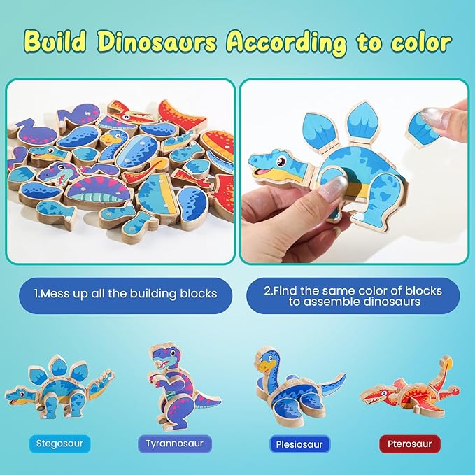 Magnetic Dinosaur Building Blocks, Wooden Dino Snap Blocks, STEM Take Apart Dinosaurs Playset, Montessori Fine Motor Skills Educational Learning Toy, Preschool Gift for 3 4 5 6 Years Kids