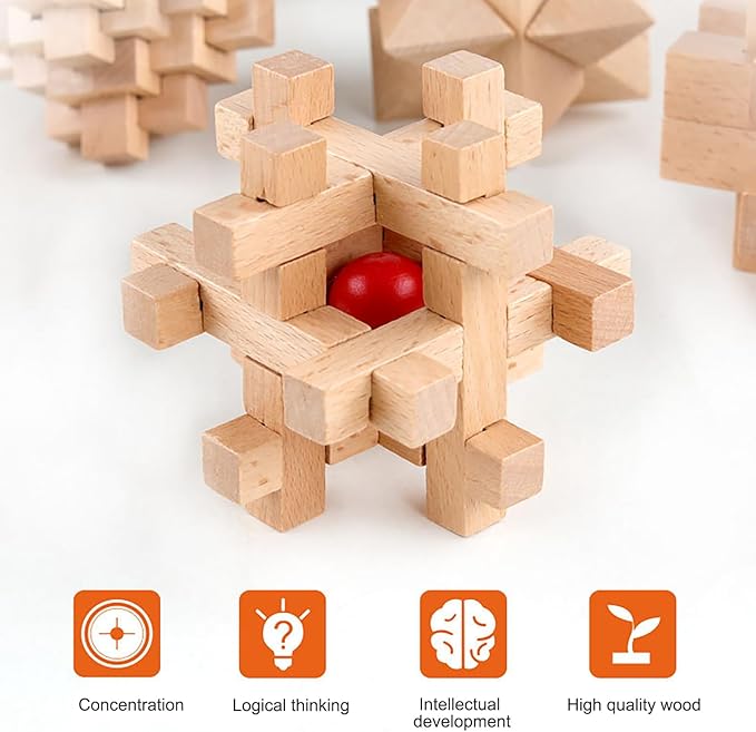 FantasyDay 9pcs Wooden Brain Teaser Puzzles, Interlocking Games for IQ Test, Intellectual 3D Assembling Educational Toy Set for Teens and Adults (9 Puzzle Set#A01)