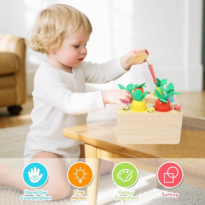 Montessori Toys for 1 Year Old, Wooden Toy for Baby 6-12 Months, Carrot Harvest Game for Kids, Shape Sorting Matching Puzzle, Educational Birthday for Boys and Girls(Pop Up Carrot)