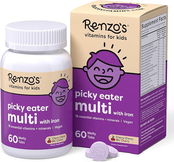 Renzo's Picky Eater Kids Multivitamin with Iron, Dissolving Kids Vitamins with Vitamin D3 & K2 and More, 60 Sugar-Free Melty Tabs, Cherry Mo’ Cherry Flavored